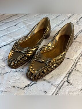 Talbots Metallic Bronze Braided Leather Flats w/ Bow Detail Huarache Size 10B